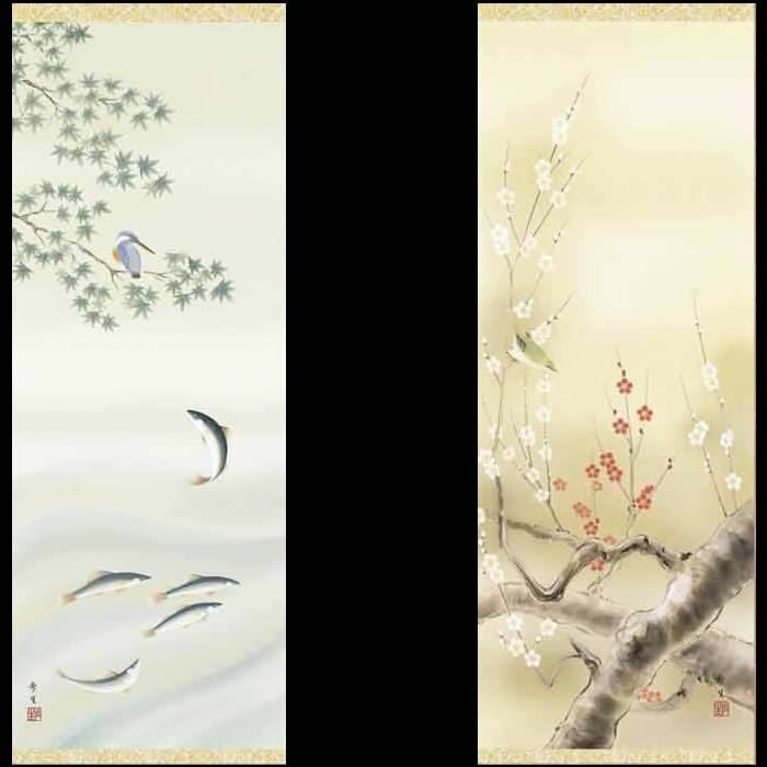 掛け軸【四季花鳥画セット：27A6-21ABCD】丈190cm×幅54.5cm(尺五)作家（北山歩生）[掛け軸販売/床の間飾り/掛軸/花鳥画揃え/春夏秋冬/四幅組]88880a