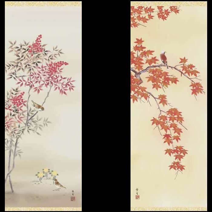 掛け軸【四季花鳥画セット：27A6-21ABCD】丈190cm×幅54.5cm(尺五)作家（北山歩生）[掛け軸販売/床の間飾り/掛軸/花鳥画揃え/春夏秋冬/四幅組]88880a