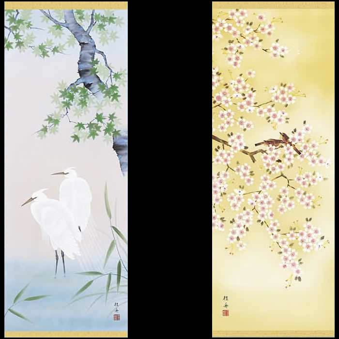 掛け軸【四季花鳥画セット：48A6-23ABCD】丈190cm×幅54.5cm(尺五)作家（長江桂舟）[掛け軸販売/床の間飾り/掛軸/花鳥画揃え/春夏秋冬/四幅組]88880c