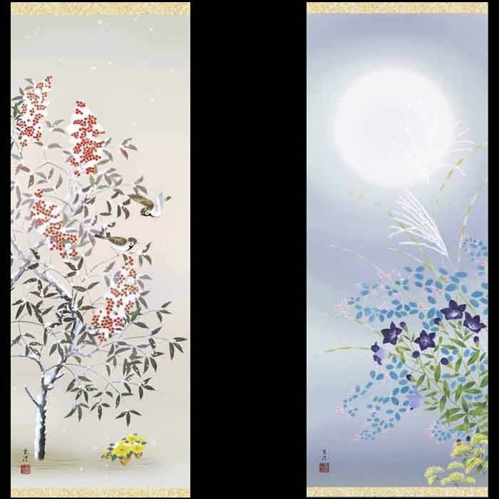 掛け軸【四季花鳥画セット：20A6-20ABCD】丈190cm×幅54.5cm(尺五)作家（清水玄澄）[掛け軸販売/床の間飾り/掛軸/花鳥画揃え/春夏秋冬/四幅組]88880f