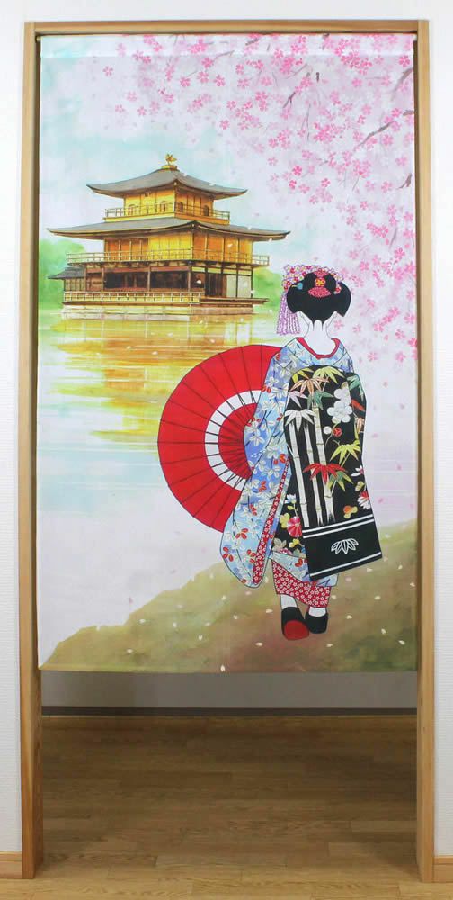 【和風のれん】浮世絵のれん舞妓桜金閣寺14269日本の伝統美をご提案♪【幅85cm×長さ150cm】この一枚で和風空間[和風暖簾/和柄暖簾/外国人土産/間仕切り/テレワーク背景/リモートワーク背景/オンライン宅飲み背景/ロングのれん]【あす楽対応】999291【ネコポス送料無料】